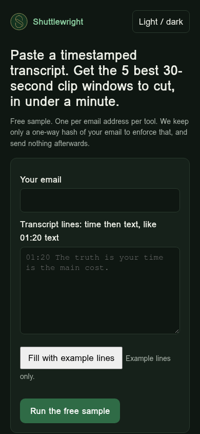 Clip moment finder: a timestamped transcript becomes five 30-second clip windows with reasons