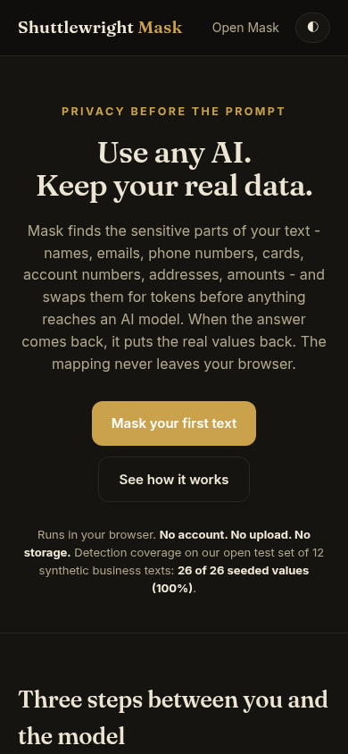 Shuttlewright Mask on a phone: paste text, sensitive values become tokens, the reply restores them