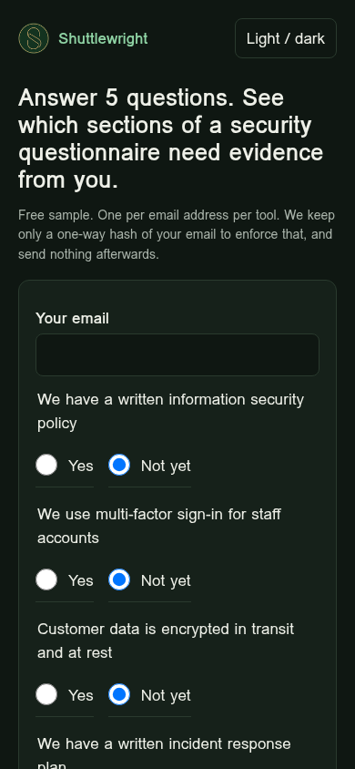 Security questionnaire gap check: five answers become a map of which sections need evidence