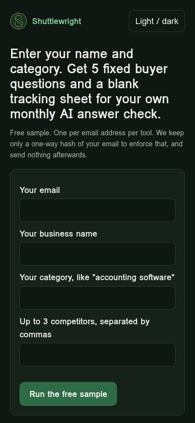 Buyer question set builder: five fixed buyer questions and a blank monthly tracking sheet